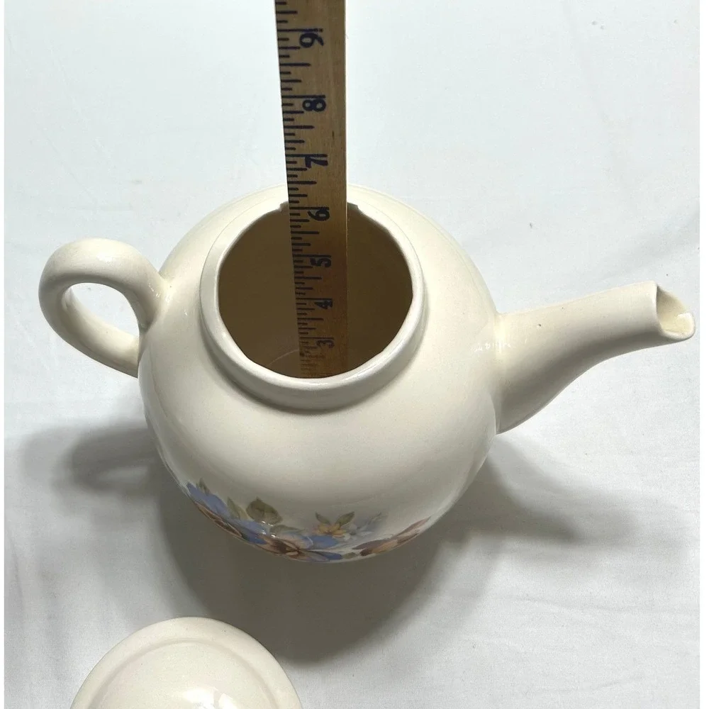 Vintage Floral Ceramic Teapot Cream with Blue and Orange Pansies 6 inch
